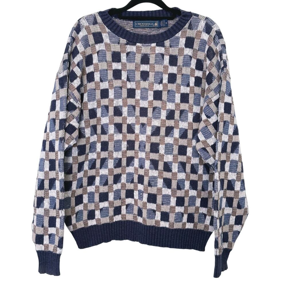 Vintage 90s Crossings Checkered Grandpa Sweater Size Medium Blue Tan Retro Indie